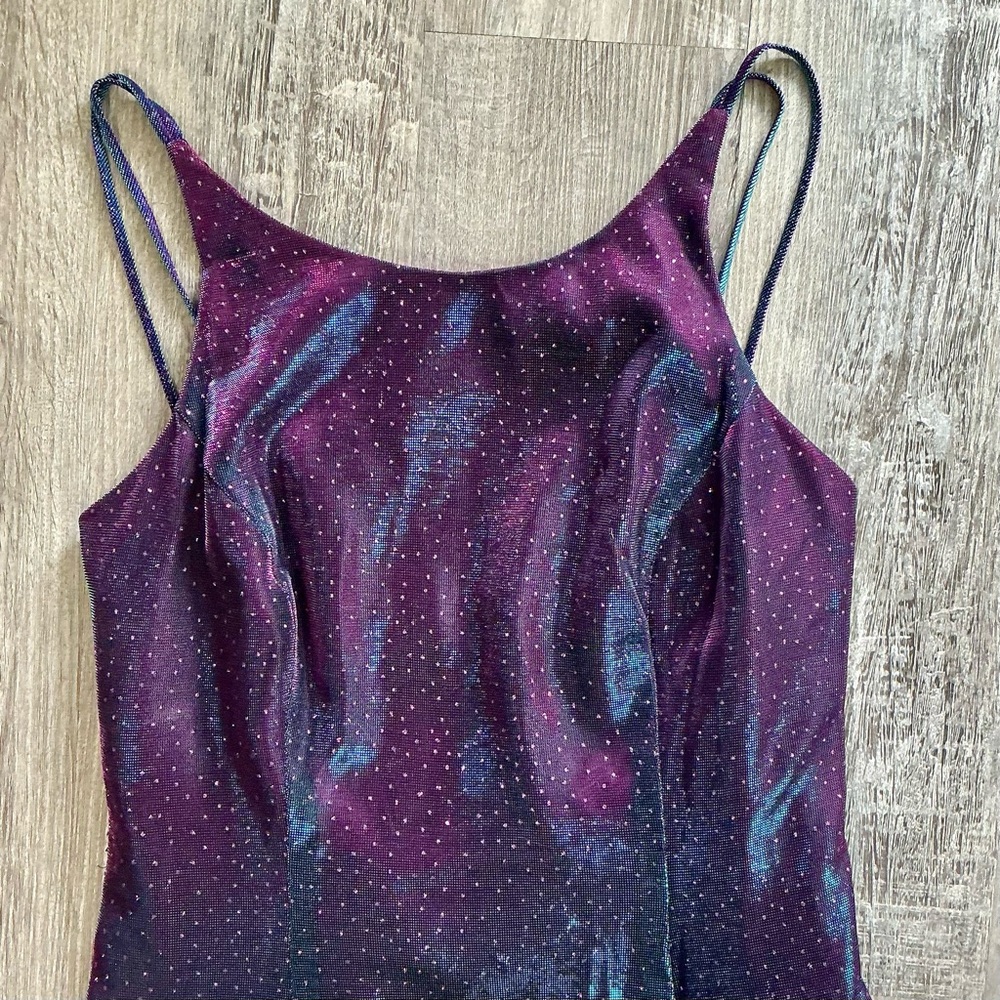 Vintage Y2K Iridescent Glitter Galaxy Color-Changing Strappy Back Formal Gown - Picture 12 of 15
